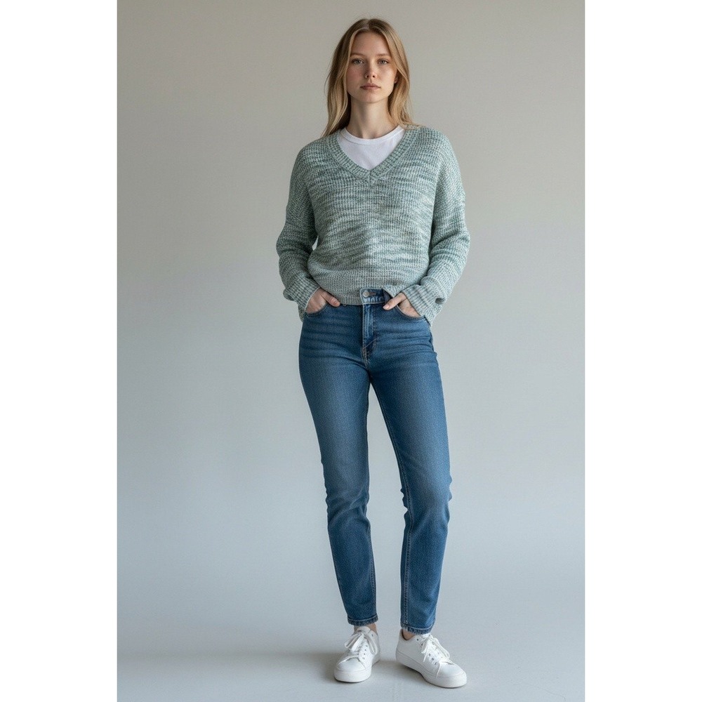 Style & Co Womens Blue Space Dye V-Neck Pullover Sweater Petite Large PL